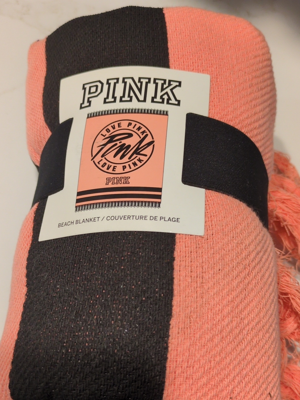 PINK Victoria's Secret Coral Pink & Black Fringe Throw